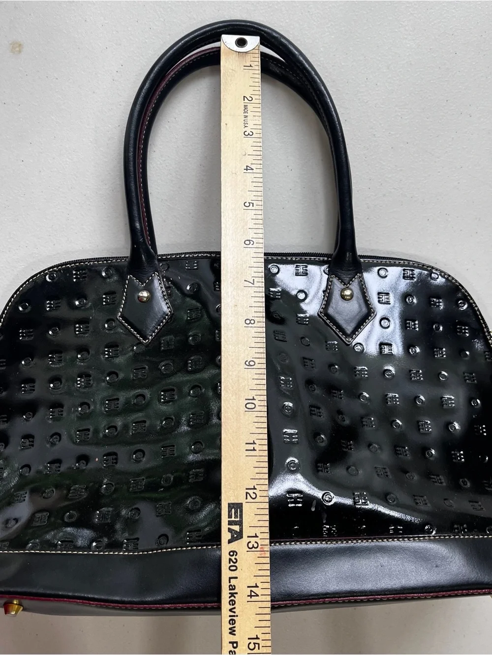 Arcadia Black Patent Leather Embossed Dome Satchel Bag Made in Italy